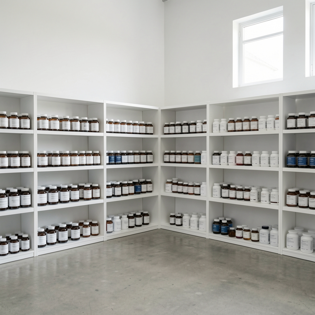 Quality control bench with amber supplement bottles, batch coding labels and a clipboard documentation record in a clean workspace