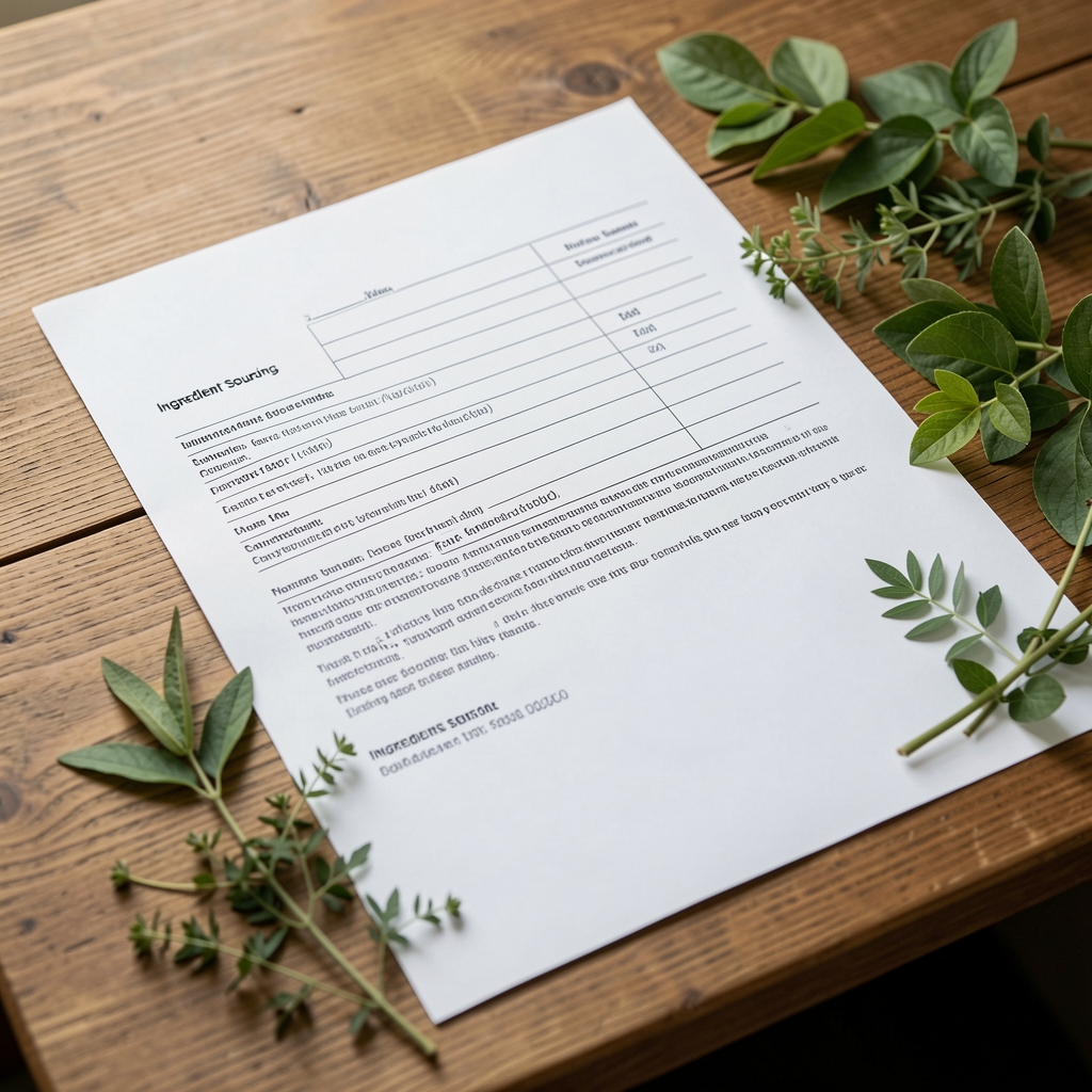 Close-up of typed ingredient sourcing documentation spread flat on a wooden desk alongside green botanical samples