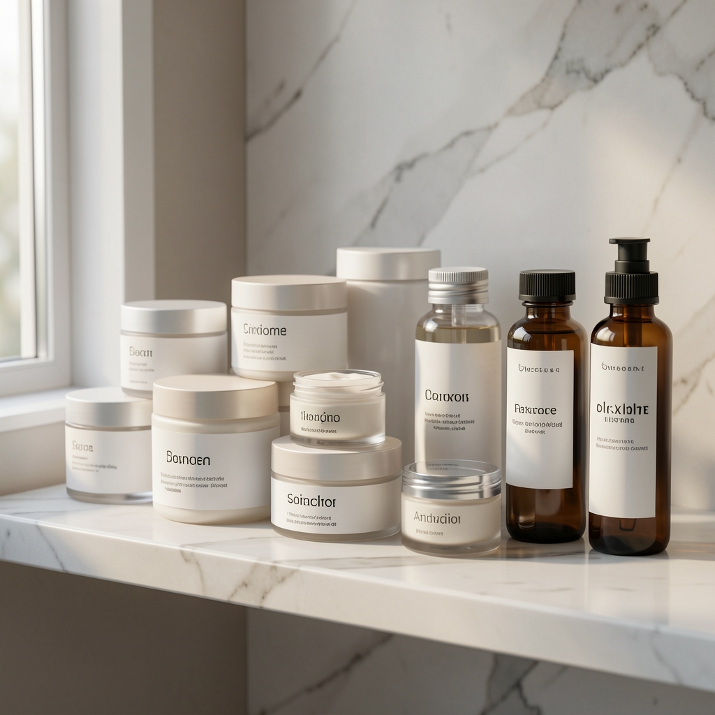 Display of anti-aging skincare face cream jars and supplement bottles arranged on a marble shelf with natural side lighting