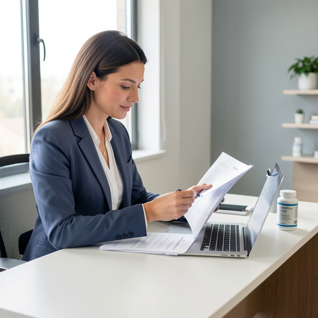 Nutritional wellness professional reviewing supplement ingredient documentation at a clean desk with natural window light