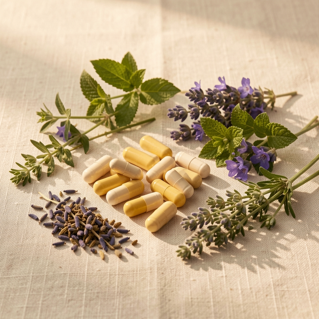 Arrangement of natural supplement capsules and botanical herbs on a clean linen surface in warm studio lighting
