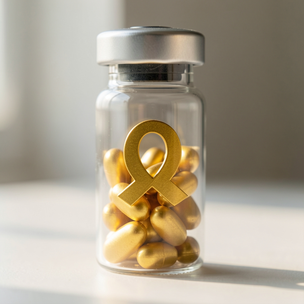 Close-up macro photograph of a glass vial containing a golden omega supplement in soft daylight