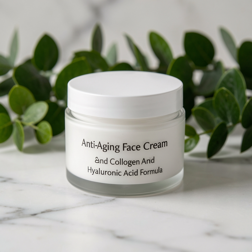 Anti-aging face cream jar with collagen and hyaluronic acid formula on a marble surface with green foliage