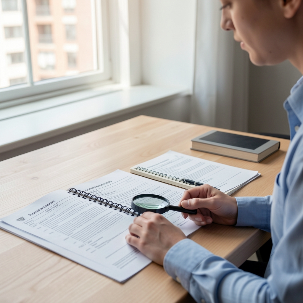 Researcher reviewing supplier ingredient documentation spread across a clean timber desk with a magnifying glass and notebook in a natural-light office