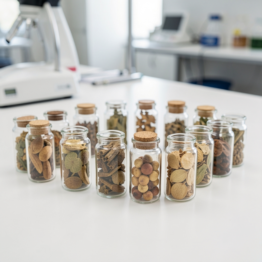 Dried botanical ingredient samples in small glass vials arranged on a white surface during sourcing review in a quality-control environment