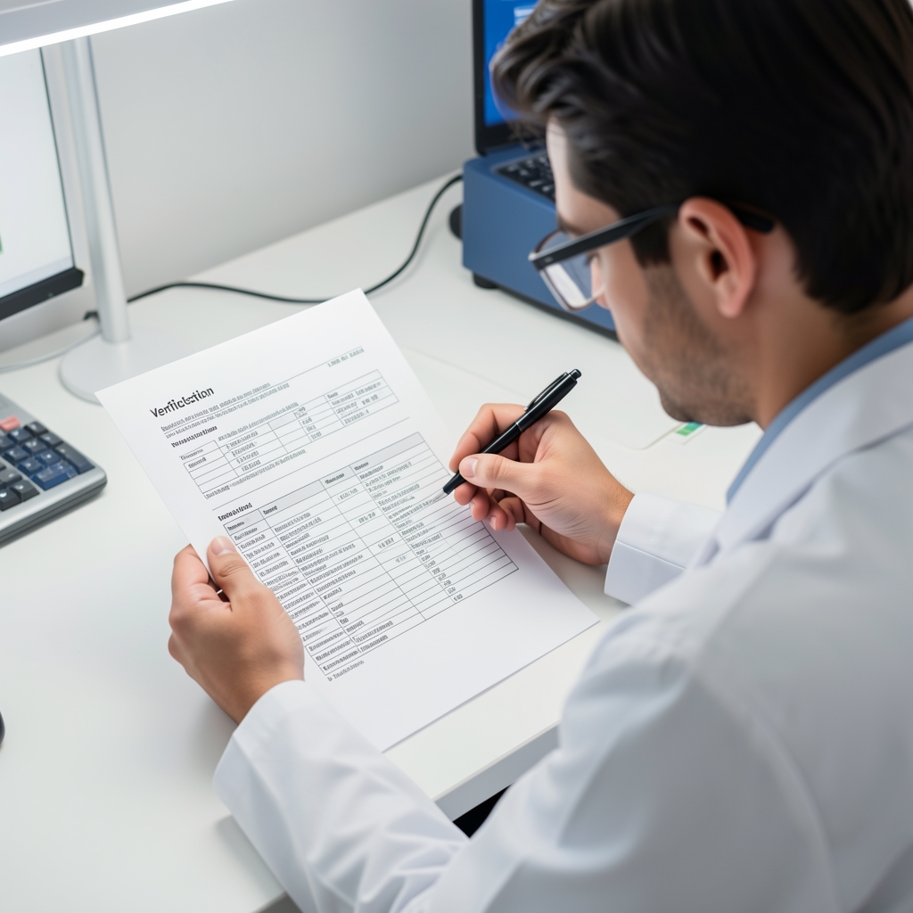 Third-party laboratory analyst reviewing a batch verification report on a printed document under bright controlled lighting