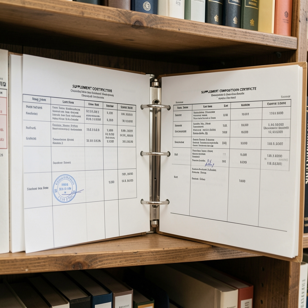 Open archive binder containing supplement composition certificates and lot records filed by date on a wooden shelf in an editorial workspace