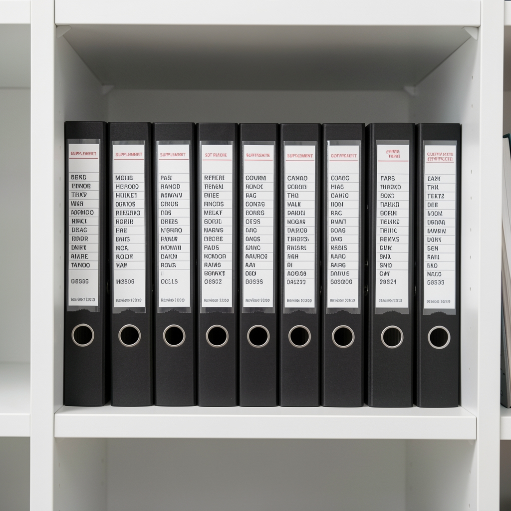 Completed archive binder with supplement lot records, revision numbers, and composition certificates organised alphabetically on a clean white shelf