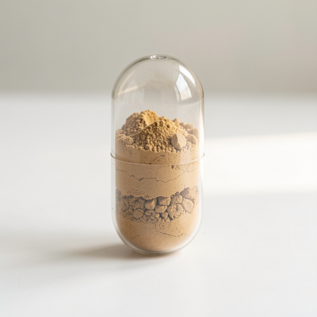 Transparent capsule supplement showing layered natural powder ingredients inside on a white surface with soft natural light