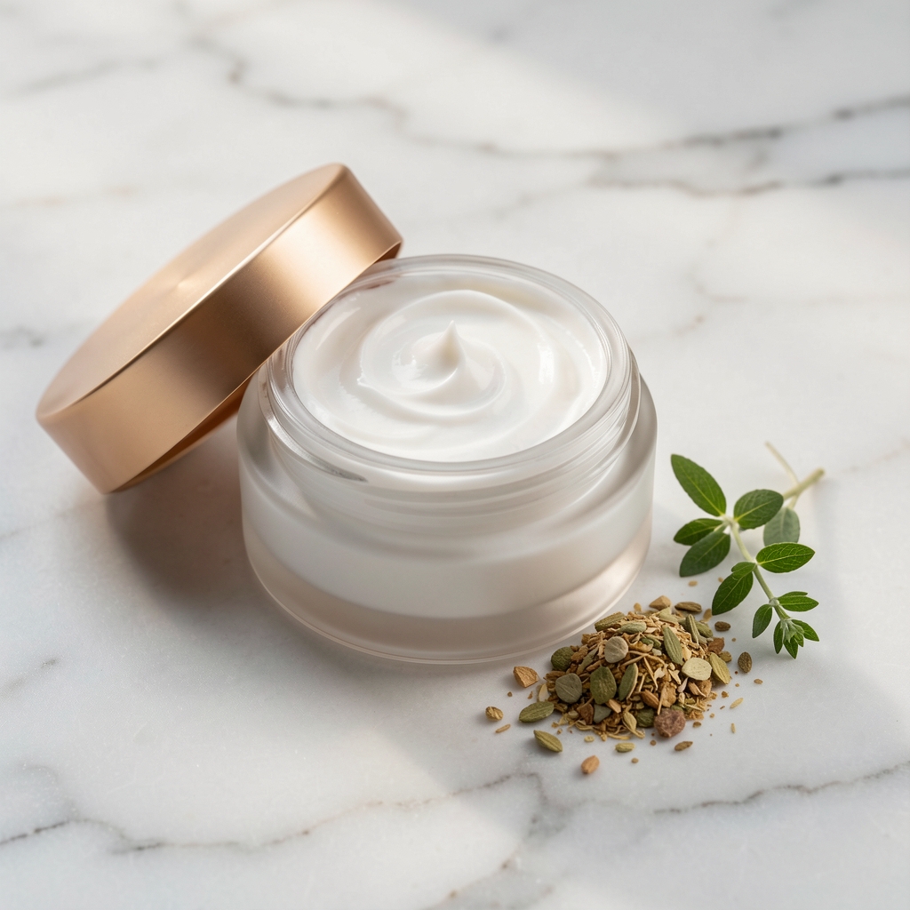 Luxury anti-aging face cream jar opened to reveal white collagen and hyaluronic acid cream with botanical extract on marble surface