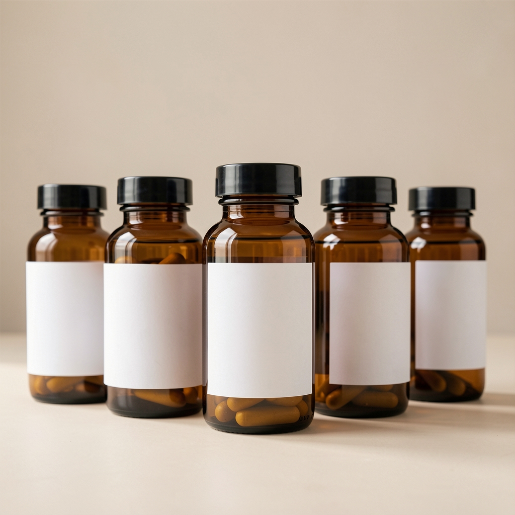 Row of amber glass bottles containing natural supplement formulations for men's health support on a wooden shelf
