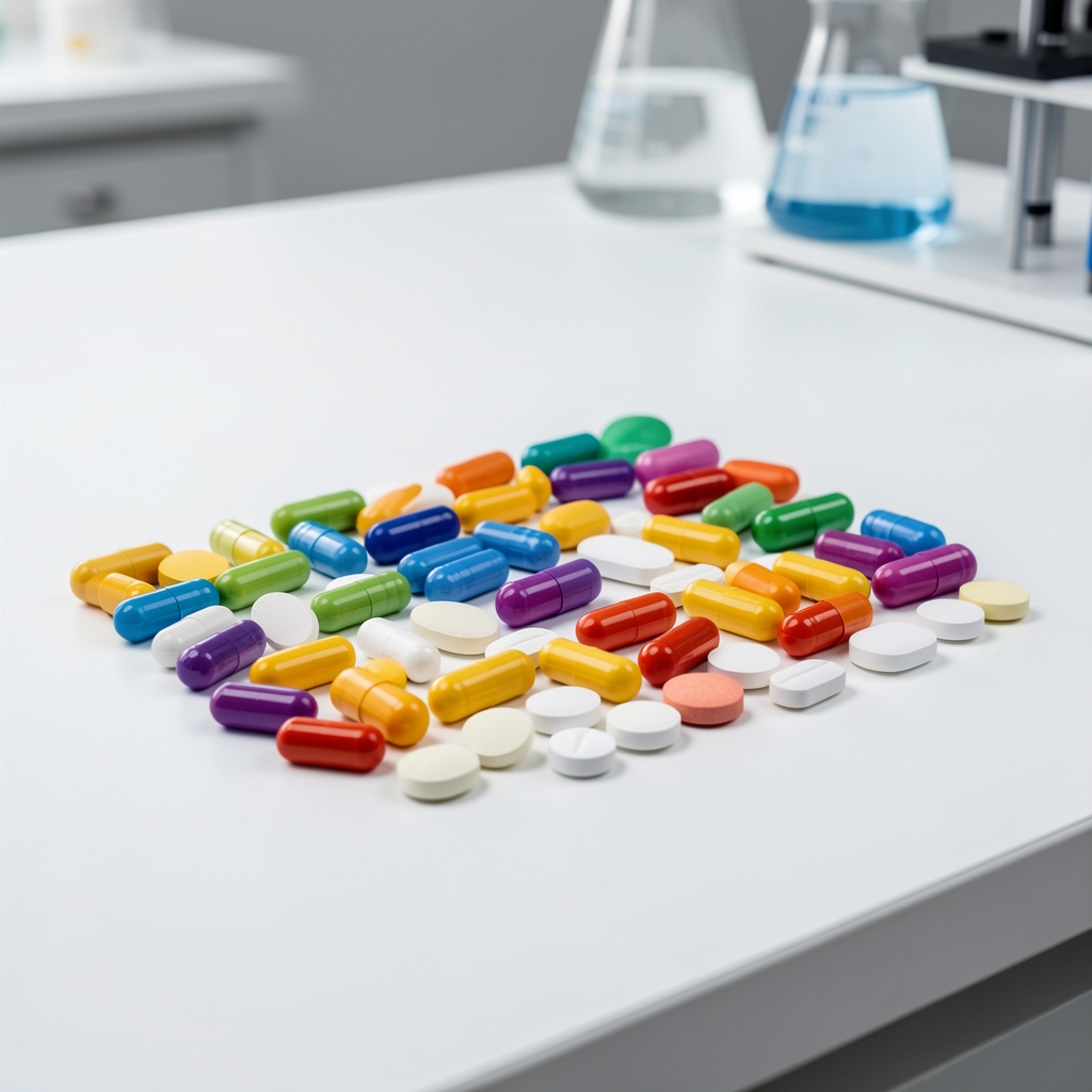 Array of vitamin capsules and mineral tablets arranged by colour on a white laboratory bench under controlled lighting