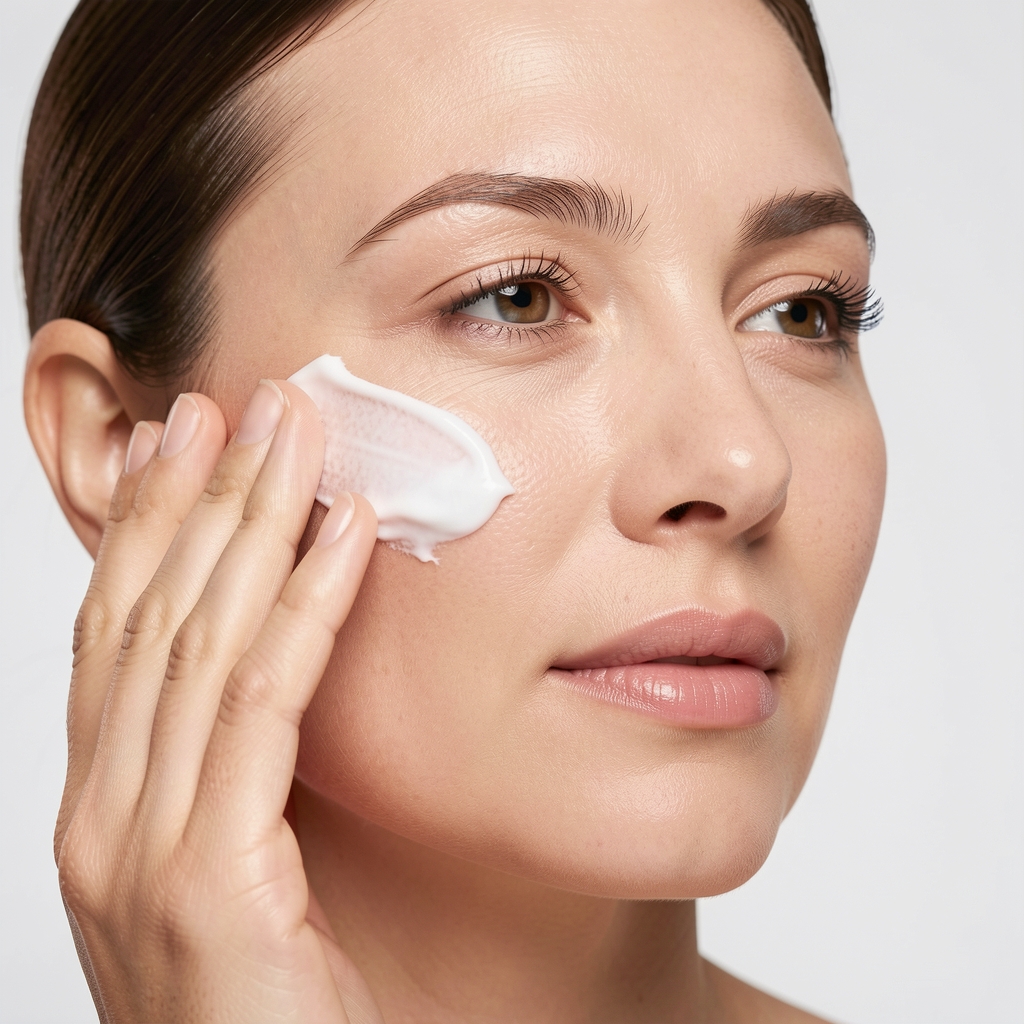 Moisturising anti-aging face cream with smooth white texture being applied to skin in a well-lit studio environment