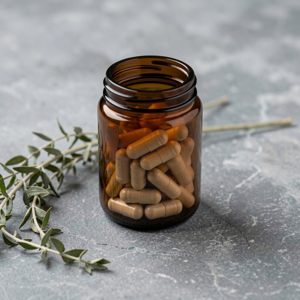 Energy and endurance supplement capsules in a dark amber container placed on a grey stone surface with a dried green plant beside it