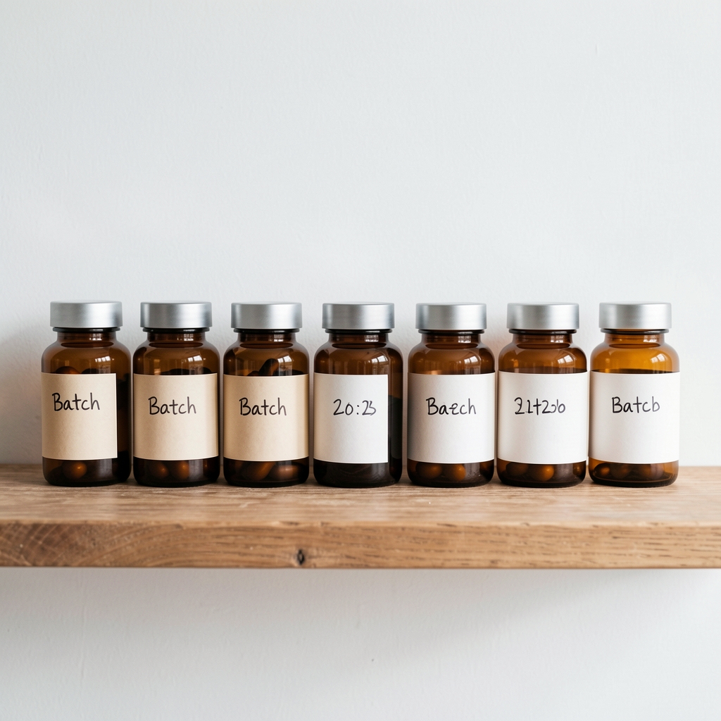 Six amber glass supplement bottles labelled with handwritten batch codes sitting in a row on a timber shelf against a white wall