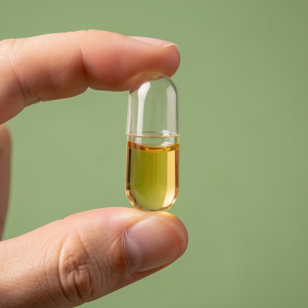 Individual capsule held between fingers showing translucent shell with golden omega oil content against a soft green background