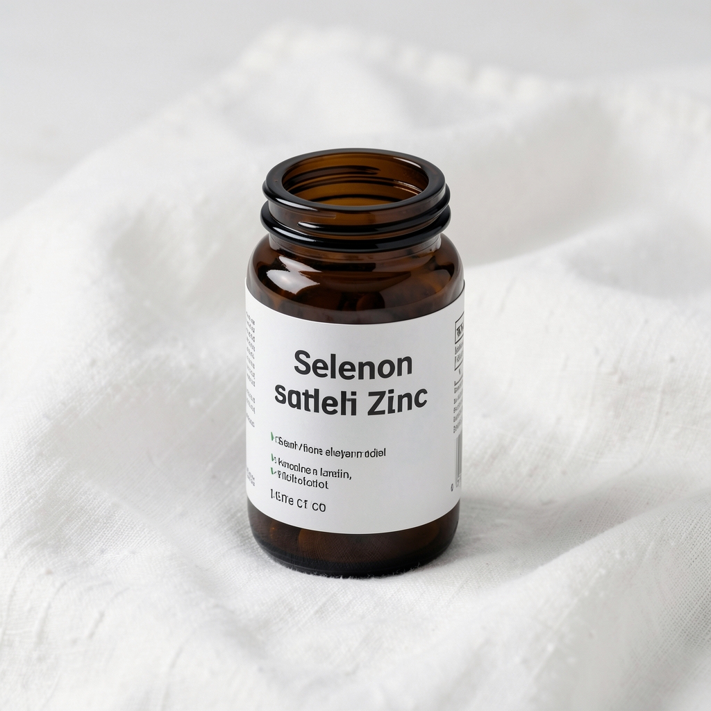 Small dark glass container of selenium and zinc supplement with its label visible on a white linen cloth under studio lighting