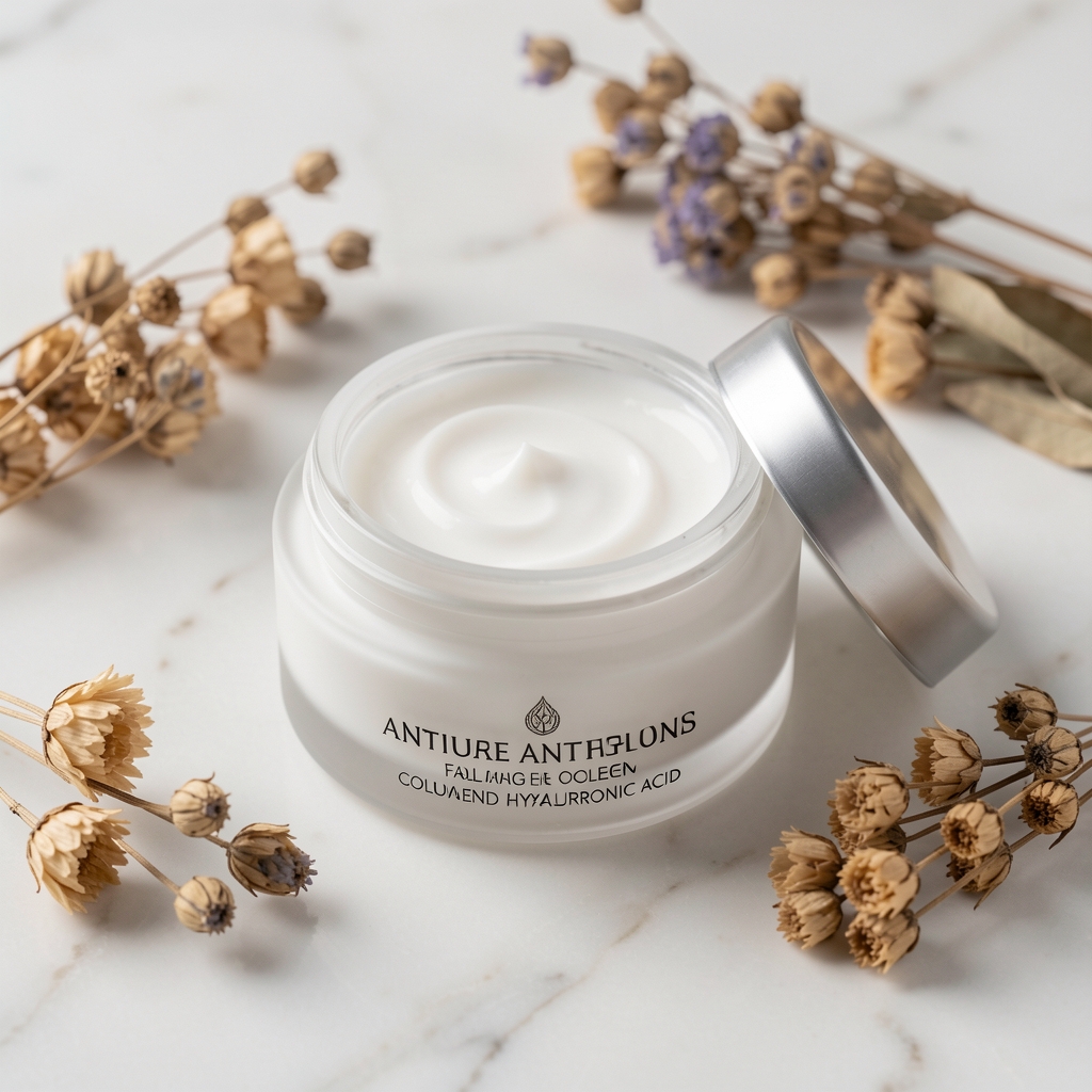 Elegant open jar of white anti-aging face cream with collagen and hyaluronic acid on a white marble surface surrounded by dried botanicals