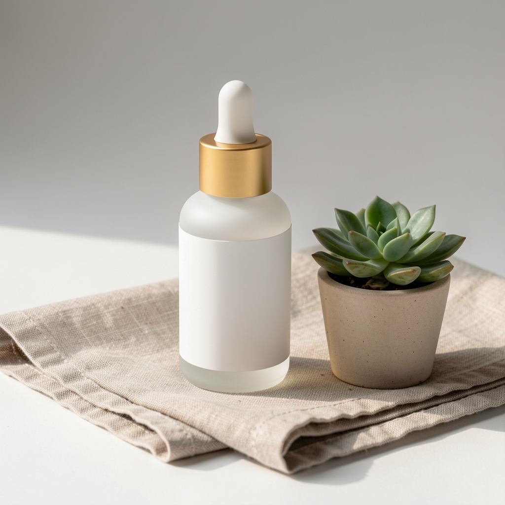 Minimalist skincare serum bottle with dropper cap placed on a linen napkin next to a small succulent plant in studio lighting