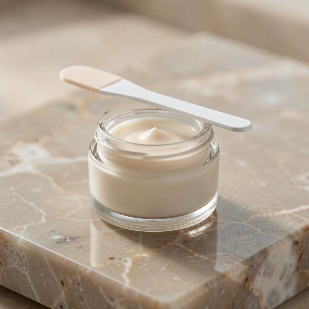 Eye cream in a small glass jar with a spatula resting on its lid, positioned on a polished stone surface with soft diffuse lighting
