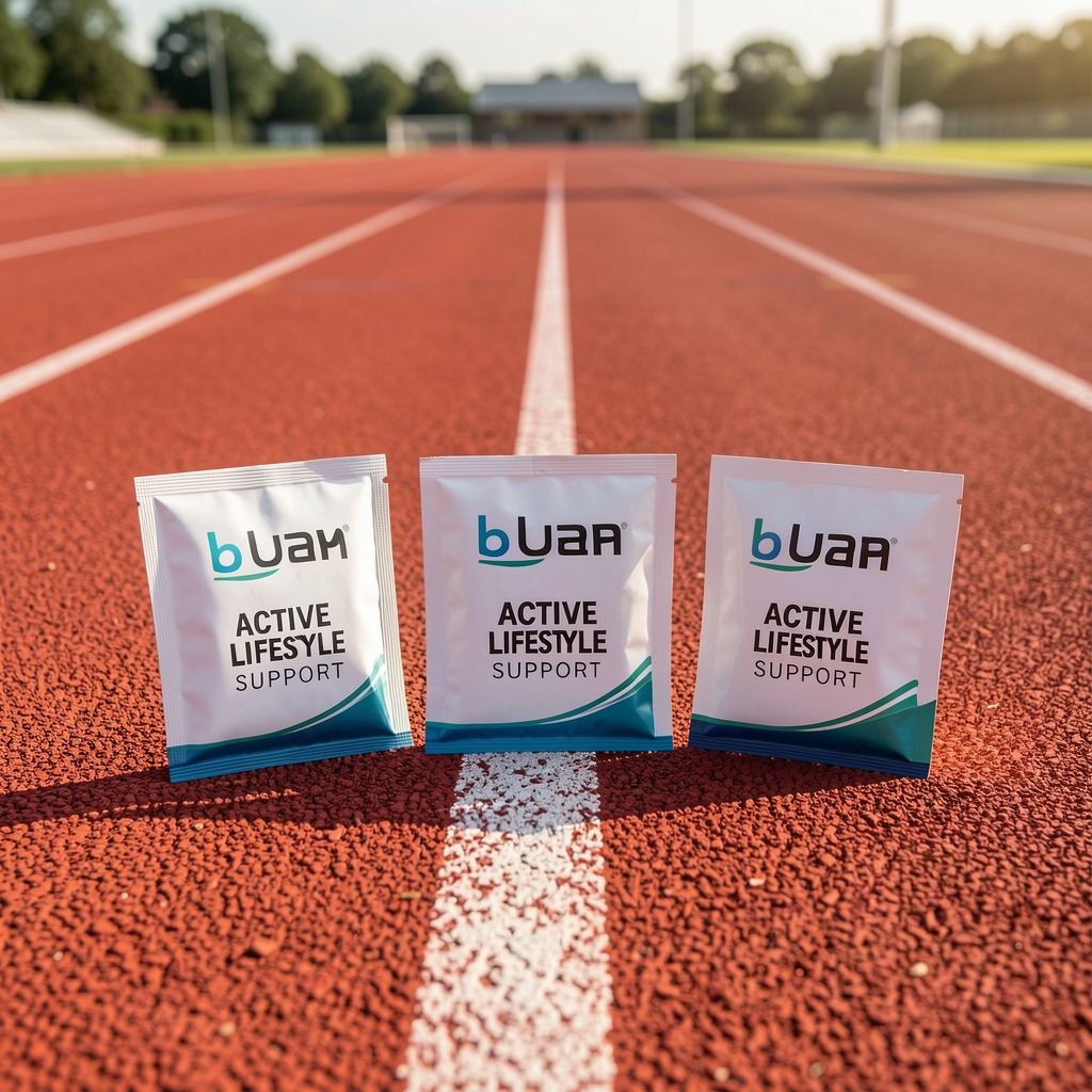 Three supplement sachets for active lifestyle support laid out on a running track surface showing branded packaging in natural daylight