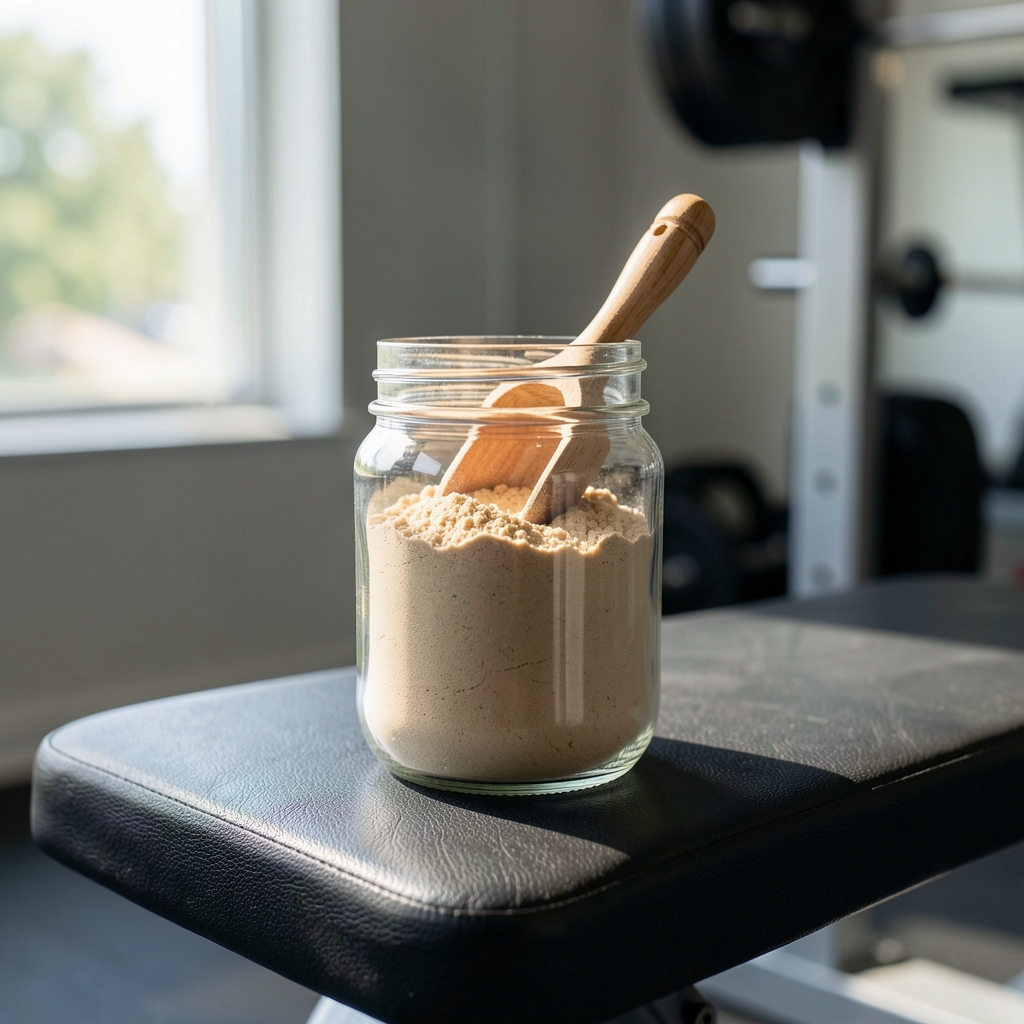 Post-workout recovery nutritional supplement powder in a glass jar with a wooden scoop, photographed on a gym bench with natural light through a window