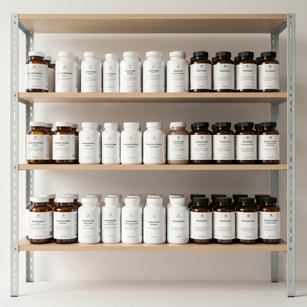 Studio shelving display showing neatly arranged supplement product bottles with minimal labels in a clean editorial environment