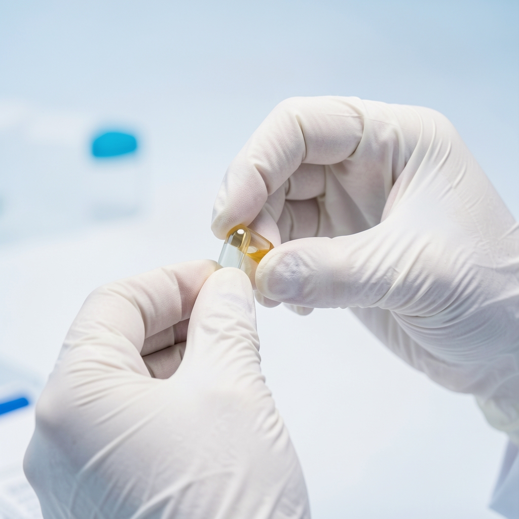 Hands in white gloves examining a supplement capsule under bright studio lighting during a quality-control inspection
