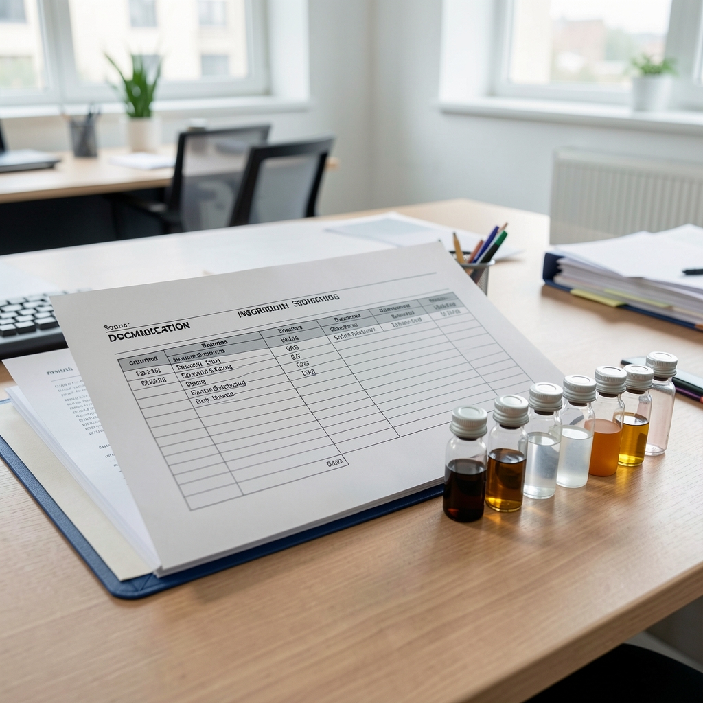Open ingredient documentation folder with typed sourcing records and sample vials on a desk in an administrative setting