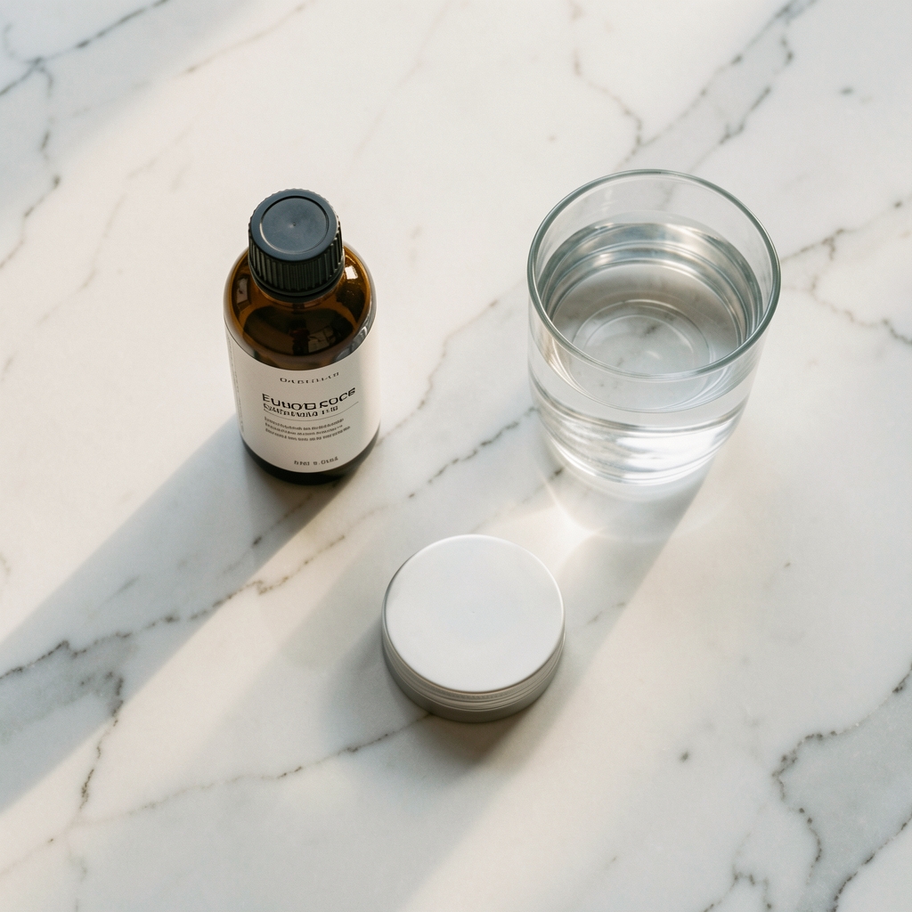 Aerial view of a morning wellness layout including a supplement bottle, face cream and a glass of water on a marble surface